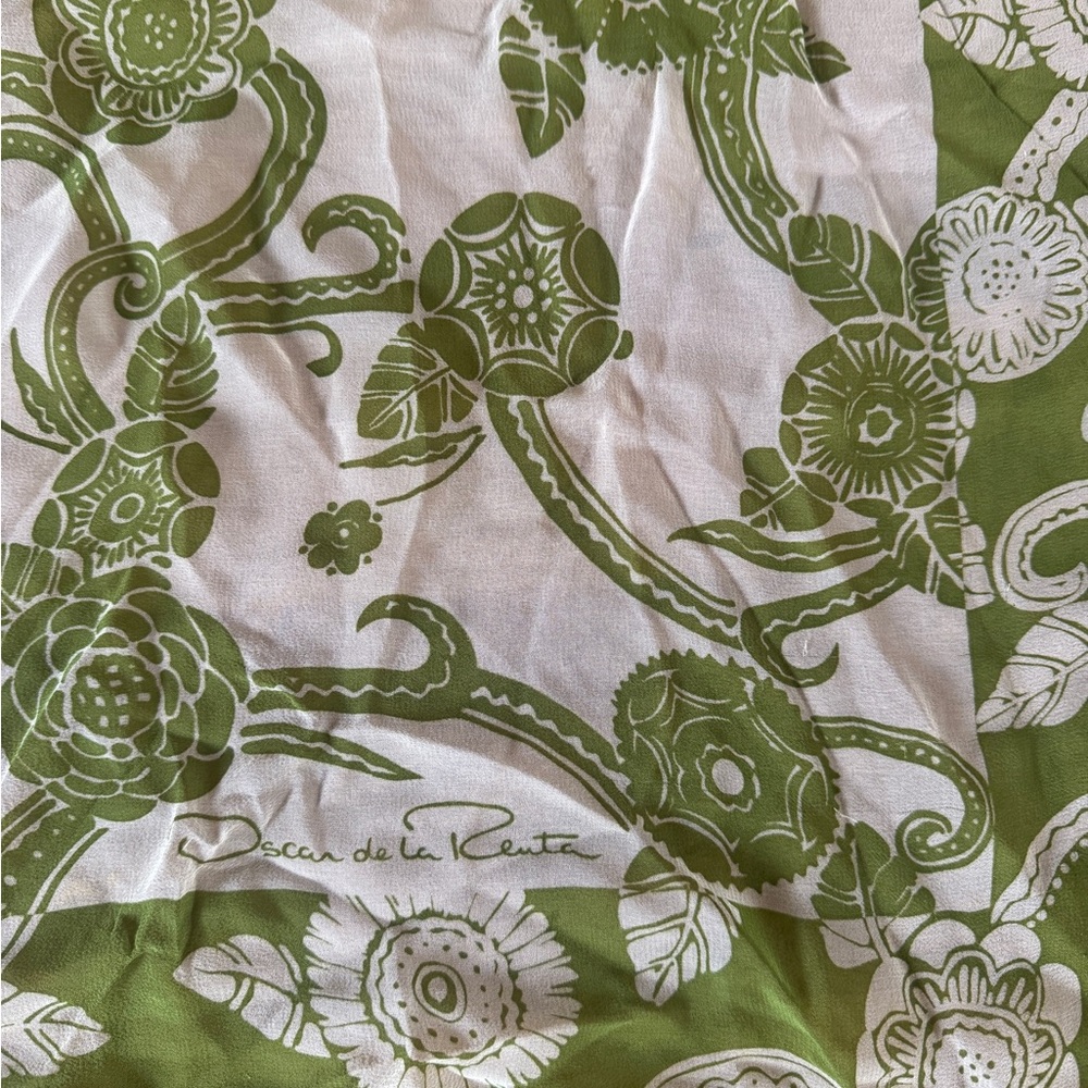 Oscar de la Renta White and Olive Green Floral Silk Scarf